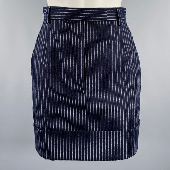 THOM BROWNE Size 0 Navy White Wool Cashmere Pinstripe Cuffed Mini Skirt - Picture 1 of 8